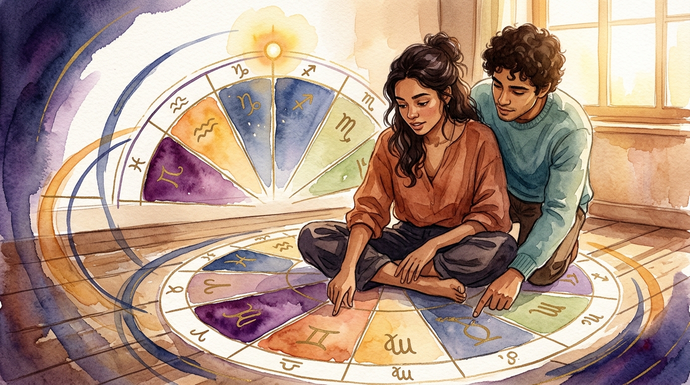 Mulher estudando roda astrológica com Ascendente e Meio do Céu destacados