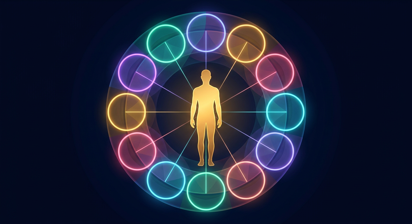 Figura humana no centro de um mapa de casas com Ascendente e Meio do Céu iluminados