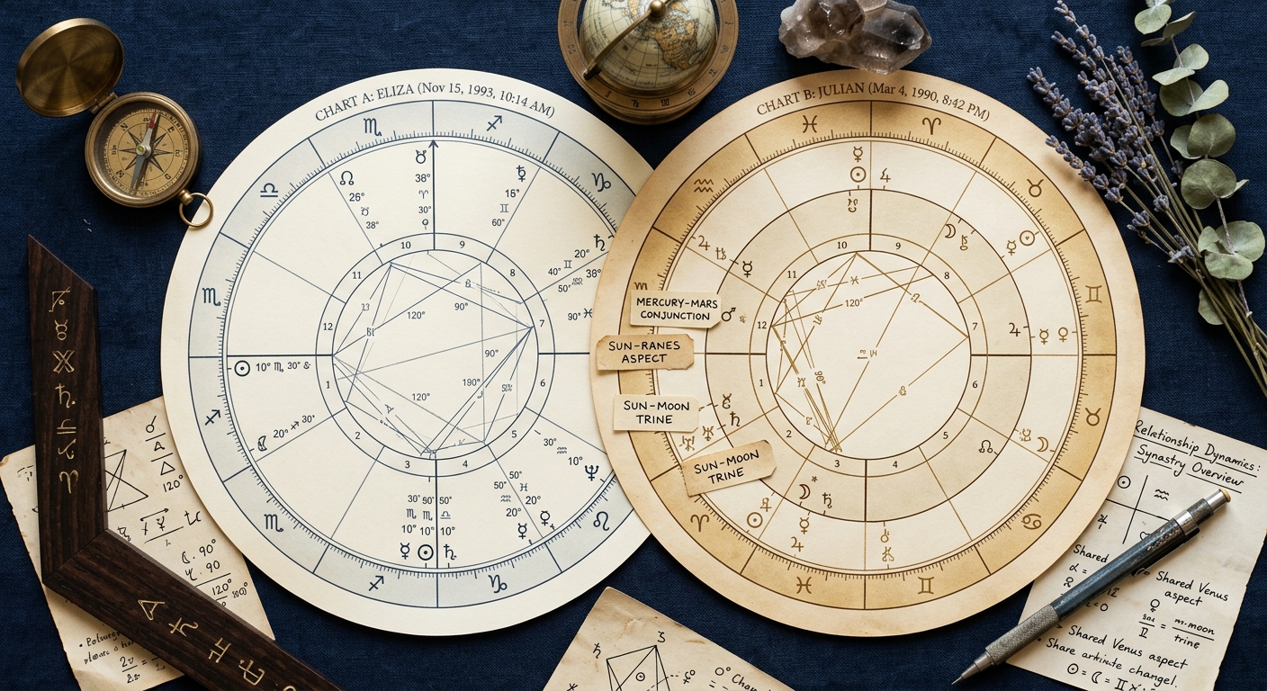 Dois mapas de sinastria sobrepostos com aspectos astrológicos em vista aérea