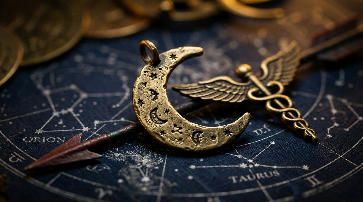 Macro close-up de símbolos de Lua, Mercúrio e Marte sobre mapa natal antigo