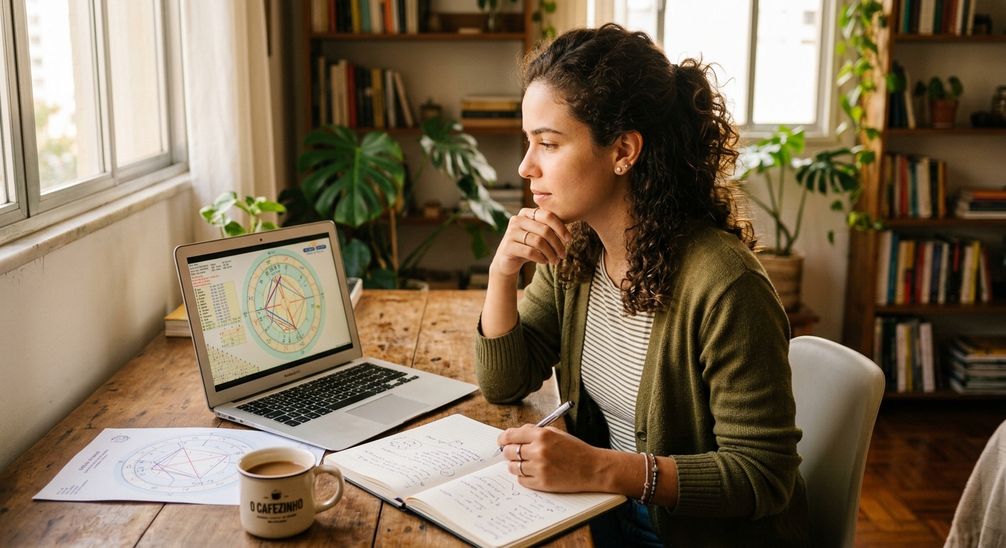 Mulher estudando seu Mapa Natal online com anotações sobre Astrologia Profissional