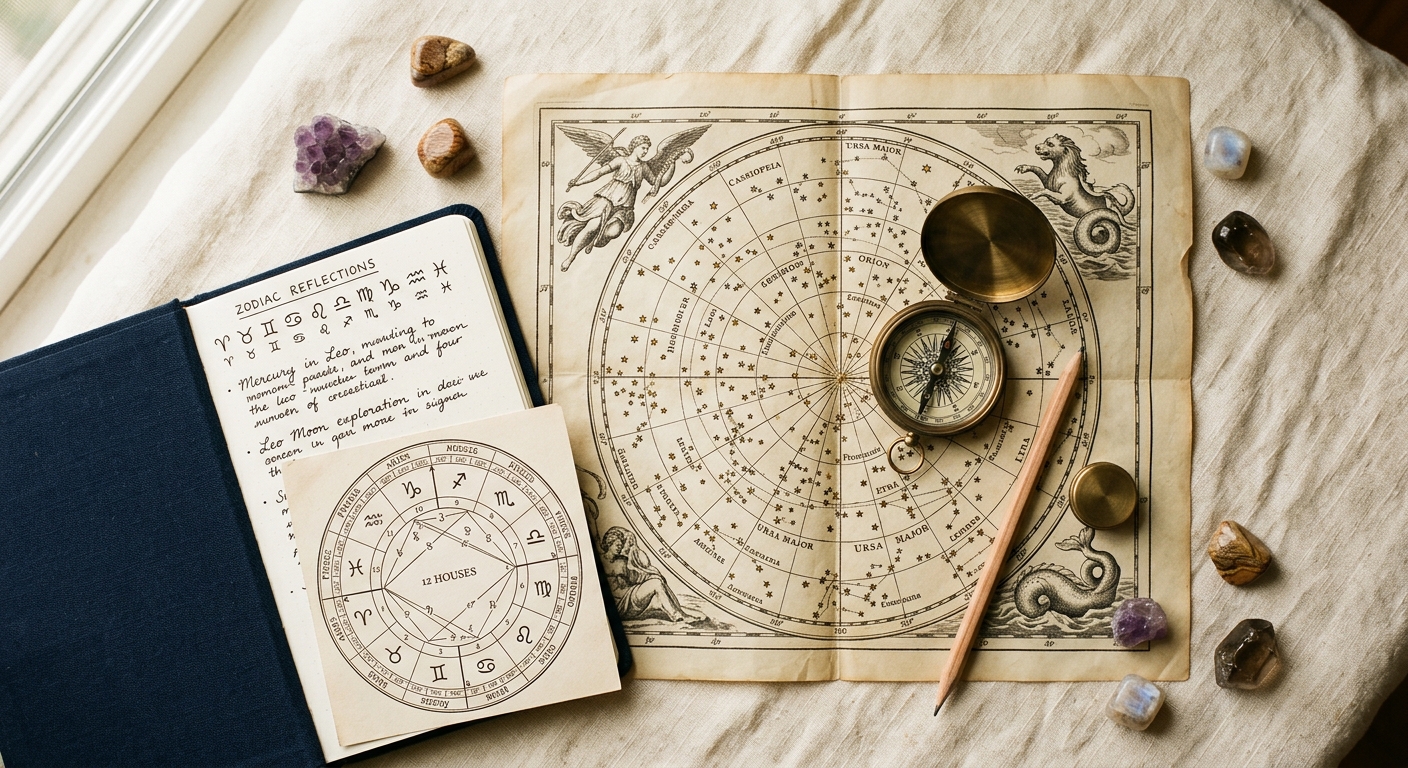 Flat-lay com mapa natal impresso, bússola e caderno com símbolos de Casas Astrológicas