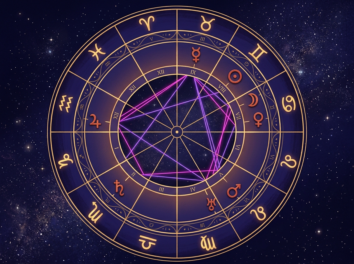 Roda de mapa astral natal com planetas, signos e casas astrológicas